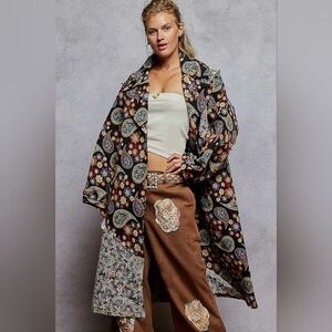 POL Oversized Paisley Print Trench Coat in Black, Brown, Cream